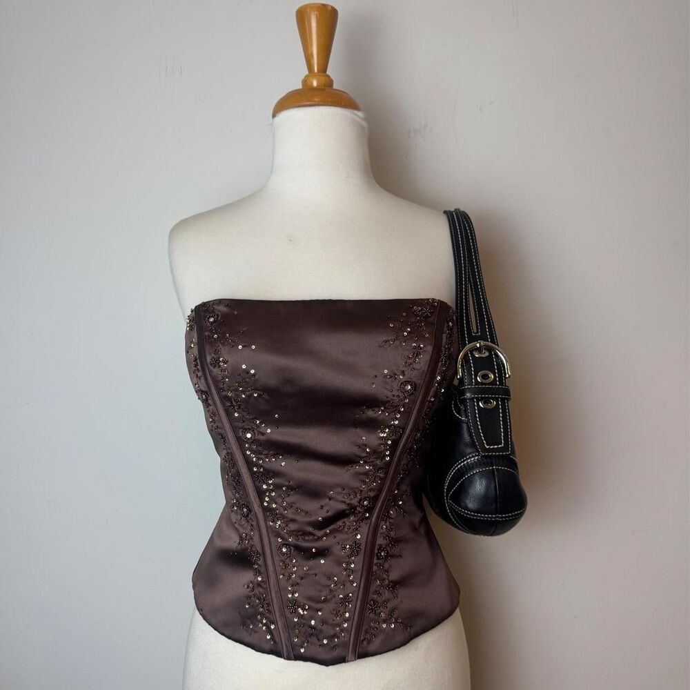 New Image Vintage y2k brown corset top with embroidered rhinestone